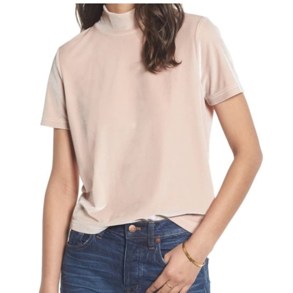 Madewell Velvet Mockneck Tee Shirt Light Pink Blush Short Sleeve Turtleneck Top